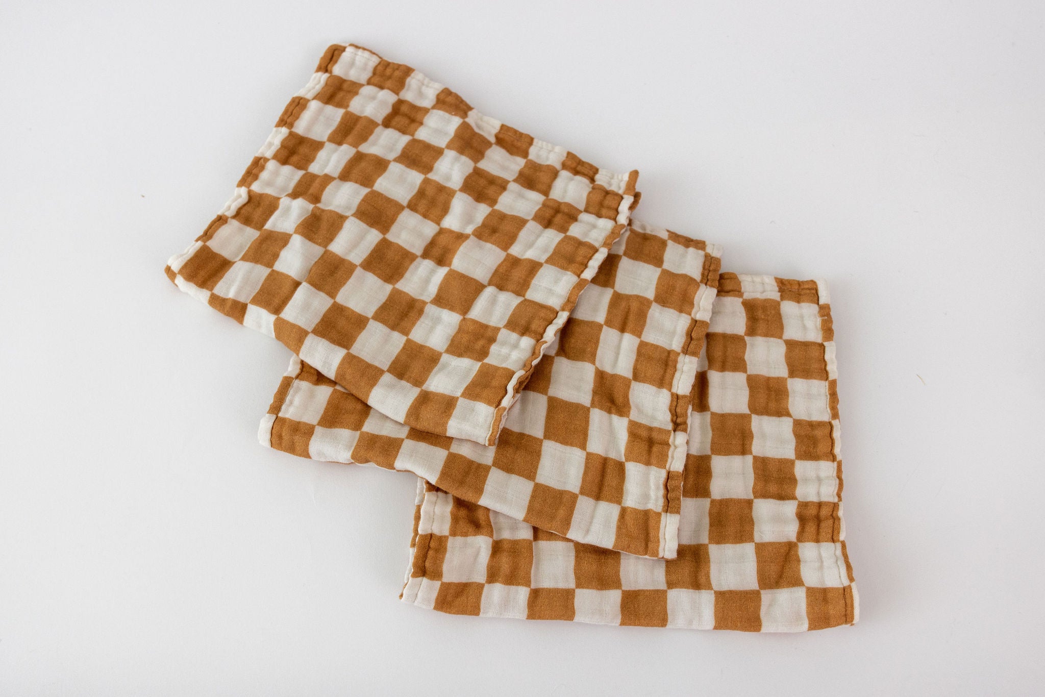 Organic Muslin Burp Cloths 3 pk - Camel Checkerboard